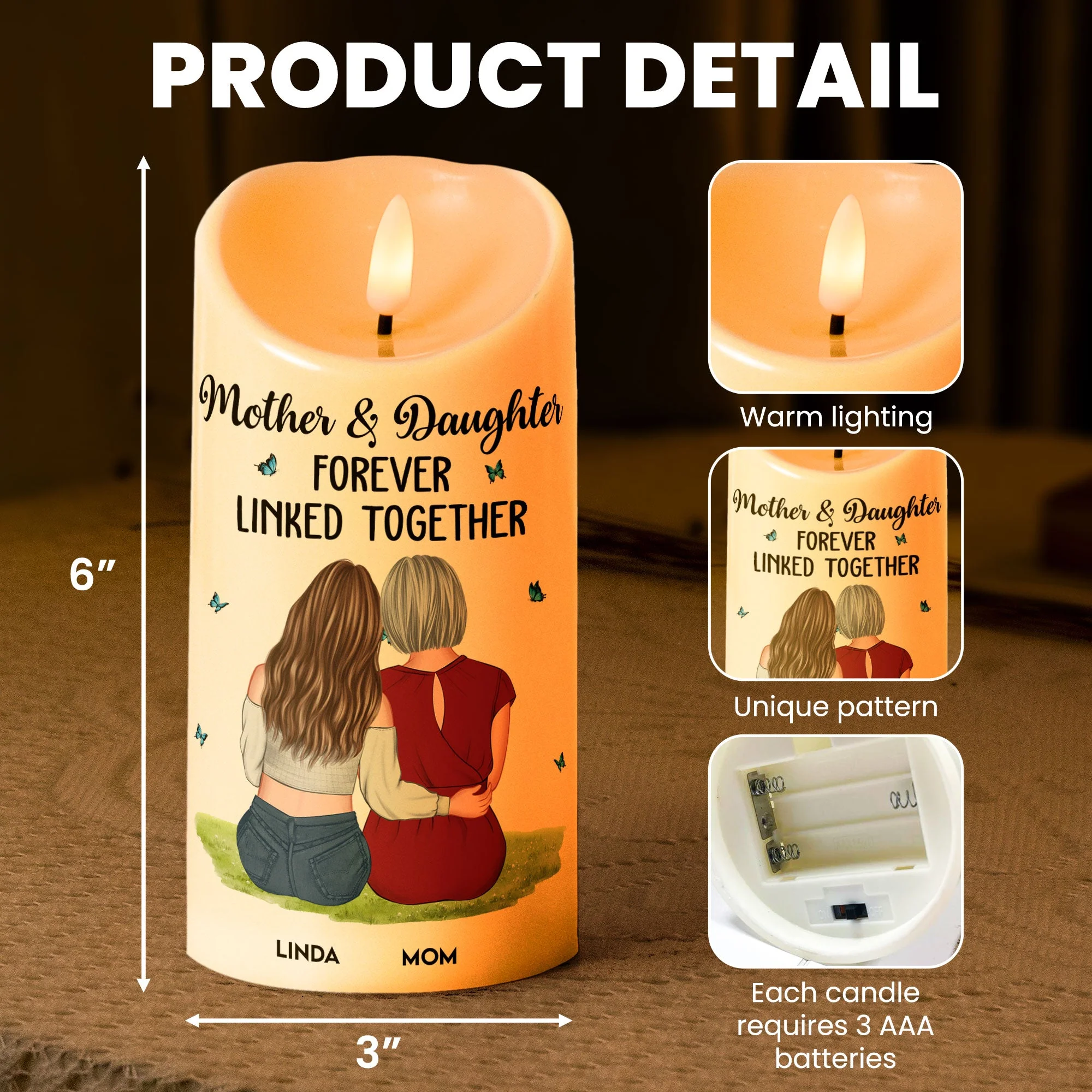 Flameless LED Candle – Mother & Daughter Back‑Hug Art, “Forever Linked Together” Personalized Light - Image 8