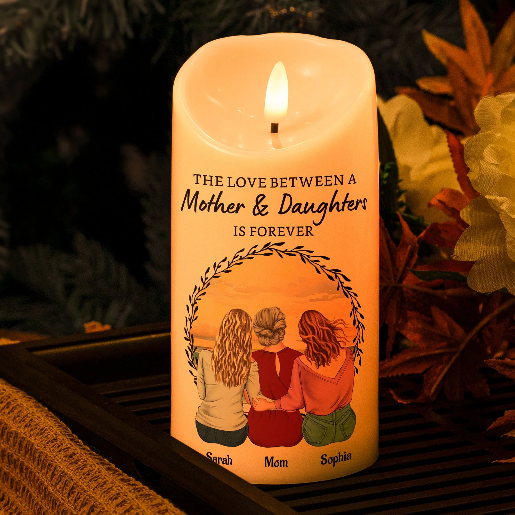 Love Is Forever - Custom Mother‑Daughters Glow Candle, Sunset Back‑View Illustration, Safe Wax‑Like Lamp Gift - Image 4