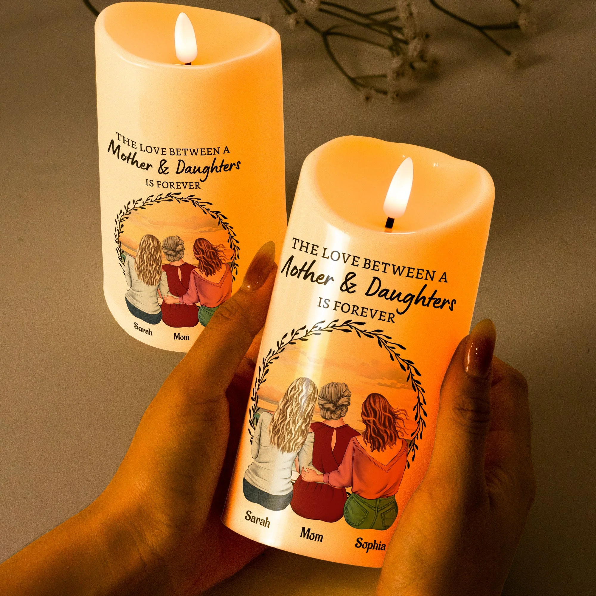 Love Is Forever - Custom Mother‑Daughters Glow Candle, Sunset Back‑View Illustration, Safe Wax‑Like Lamp Gift - Image 6