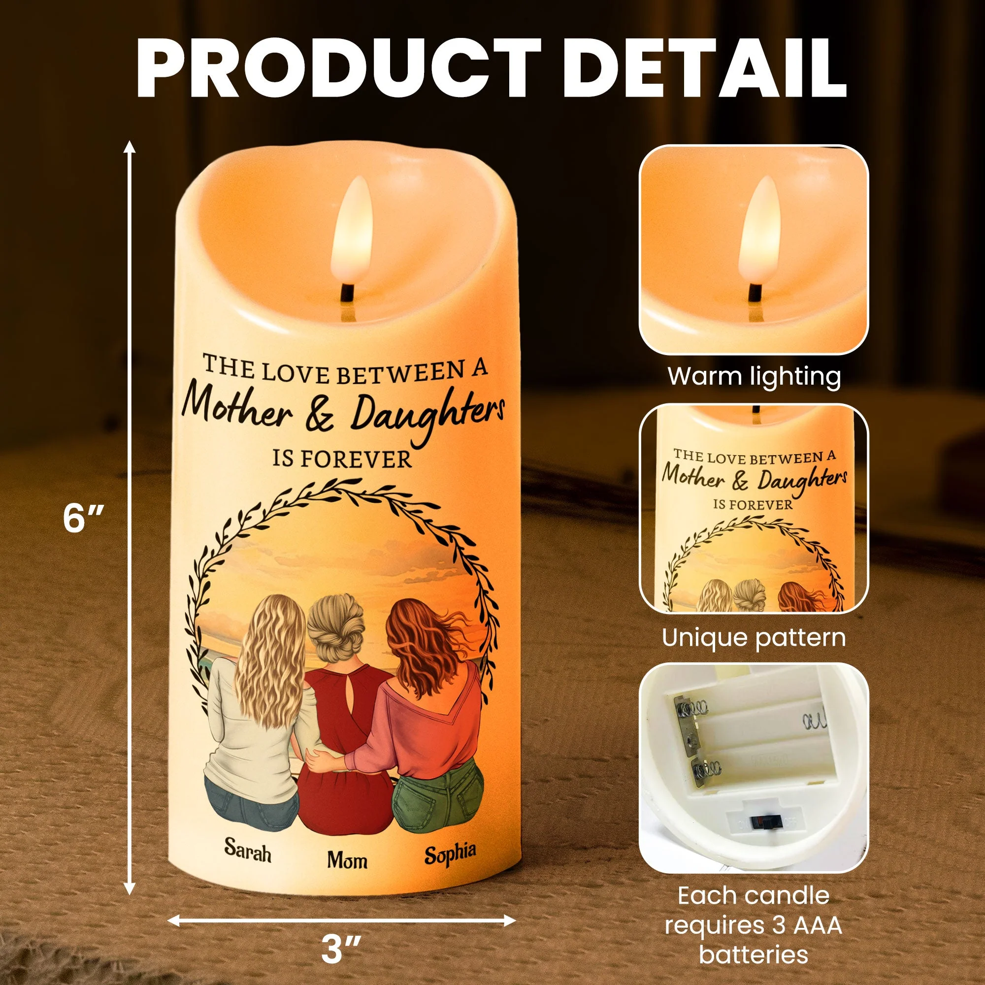 Love Is Forever - Custom Mother‑Daughters Glow Candle, Sunset Back‑View Illustration, Safe Wax‑Like Lamp Gift - Image 8