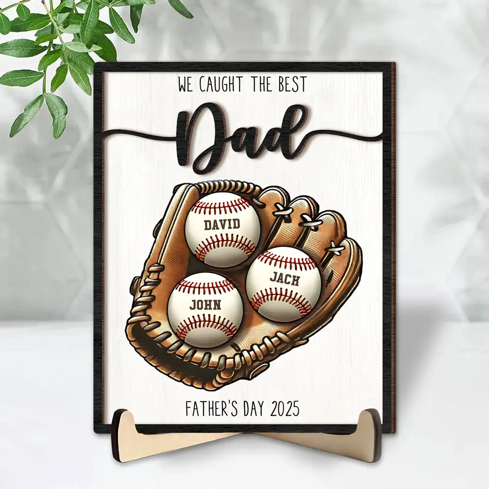 Custom Baseball, Softball Glove & Kids Name 2-Layer Wooden Plaque - Unique Father’s Day Gift for Dad