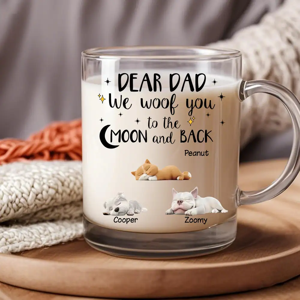 Dear Dad “I Woof You to the Moon & Back” Glass Mug – Sleepy Pup Art, Perfect Pet-Dad Gift - Image 3