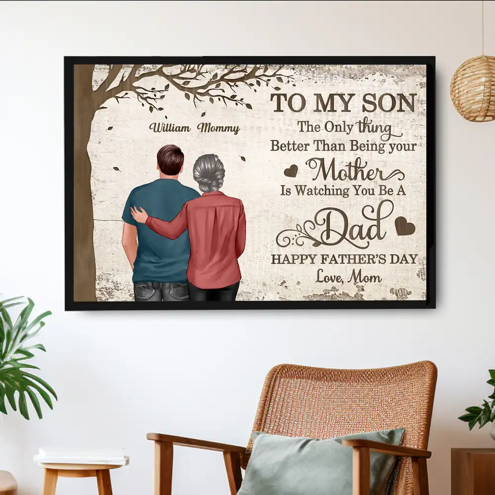 “To My Son” Rustic Poster – Mom‑and‑Son Back‑View Art, Heartfelt Father’s Day Gift, Personalized Names - Image 2