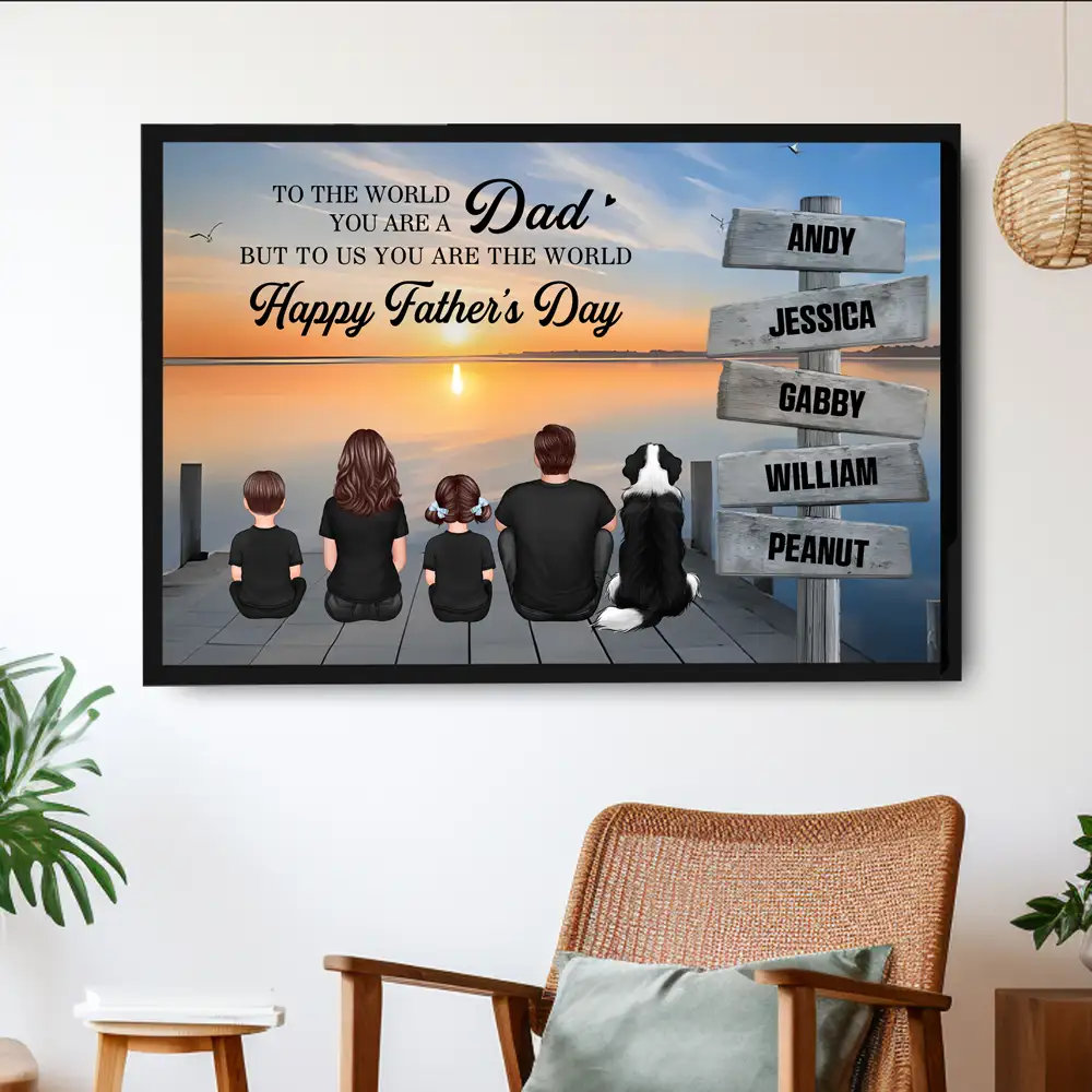Custom Back‑View Family Canvas – Dad Is Our World Quote, Signpost with Names, Heartfelt Gift for Husband or Son - Image 3
