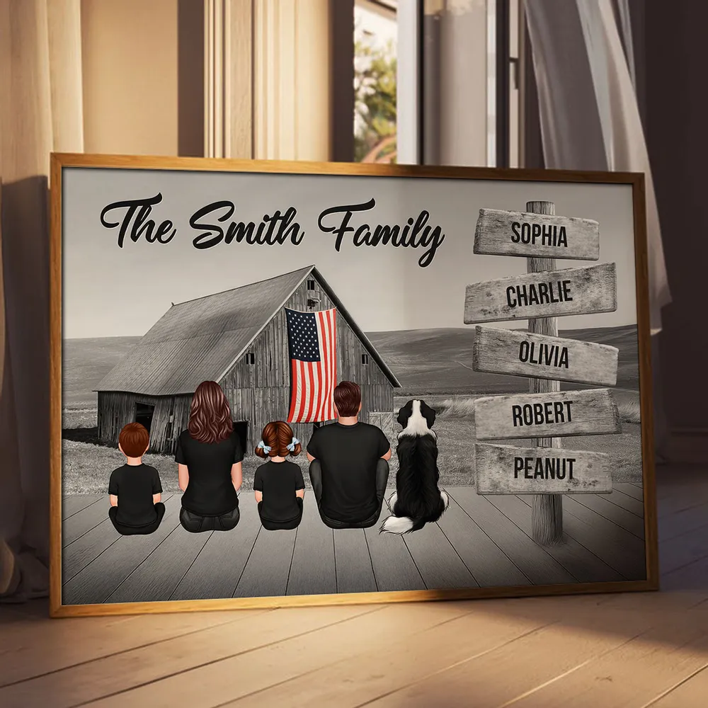 Names on Signpost Family Canvas – Sitting Together Poster with Barn Background – Gift For Family, Dad, Mom - Image 12
