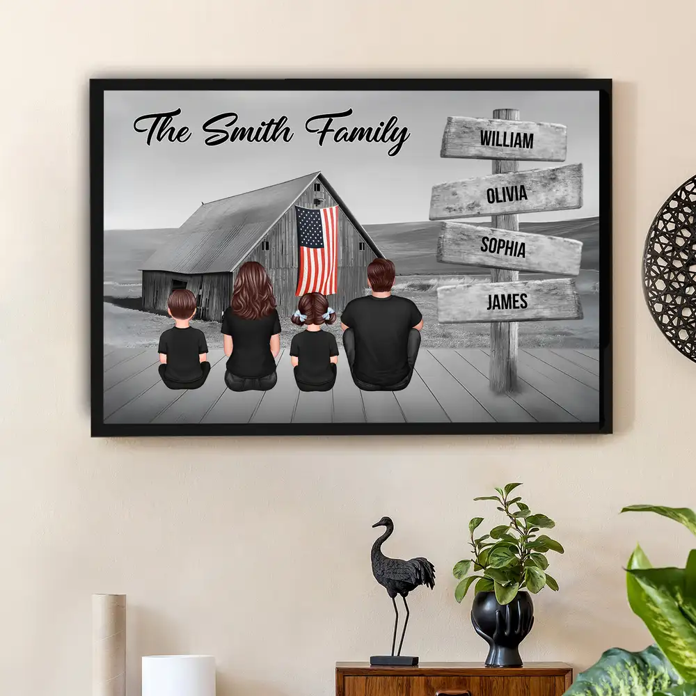 Names on Signpost Family Canvas – Sitting Together Poster with Barn Background – Gift For Family, Dad, Mom - Image 2