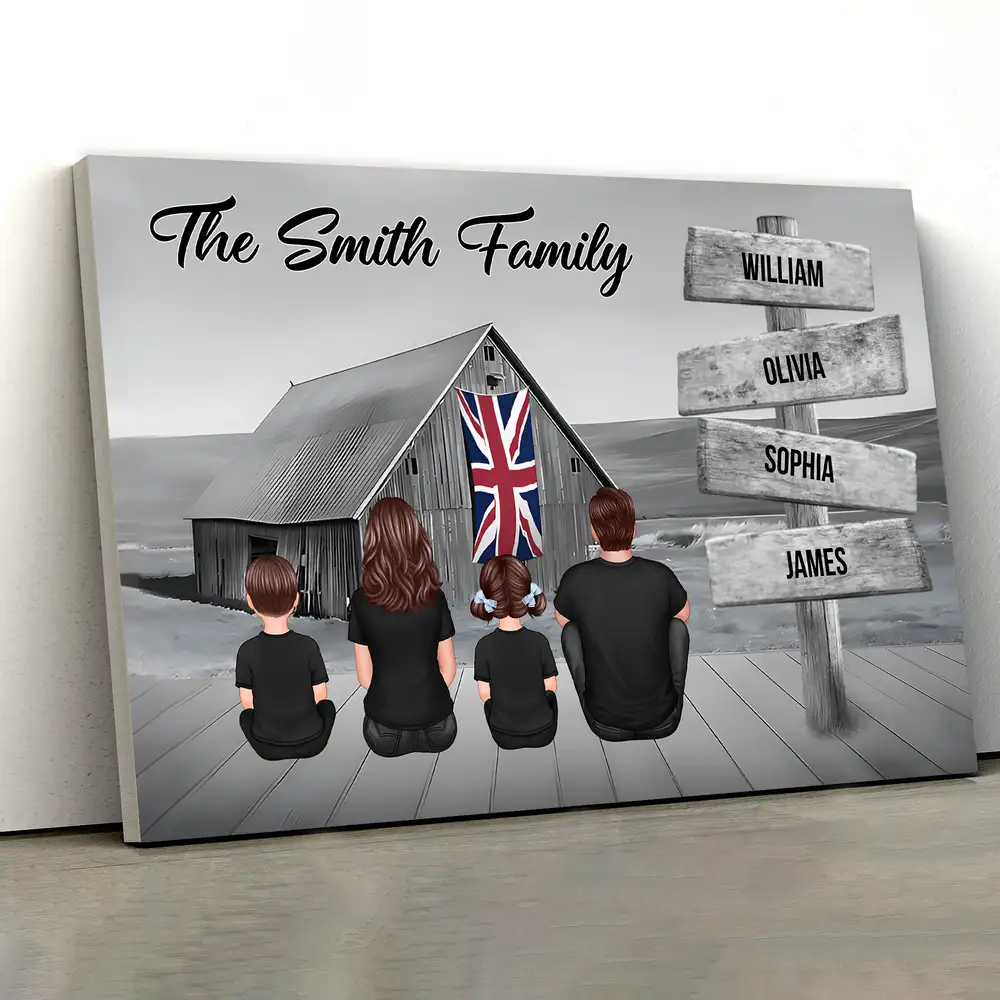 Names on Signpost Family Canvas – Sitting Together Poster with Barn Background – Gift For Family, Dad, Mom - Image 3