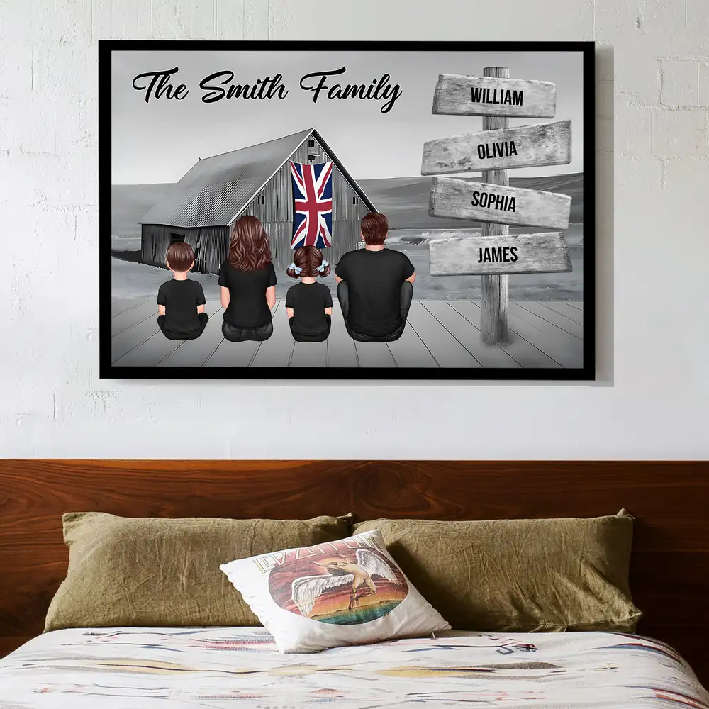 Names on Signpost Family Canvas – Sitting Together Poster with Barn Background – Gift For Family, Dad, Mom - Image 4