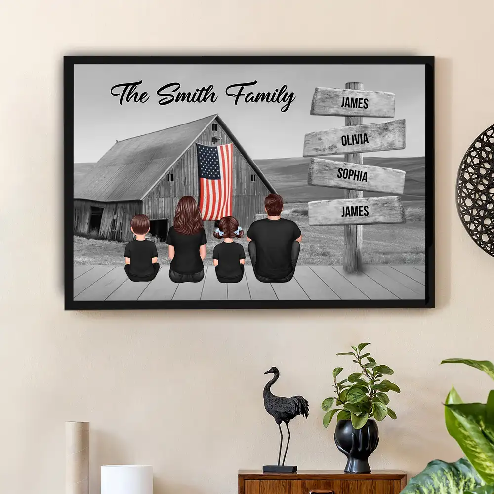 Names on Signpost Family Canvas – Sitting Together Poster with Barn Background – Gift For Family, Dad, Mom - Image 9