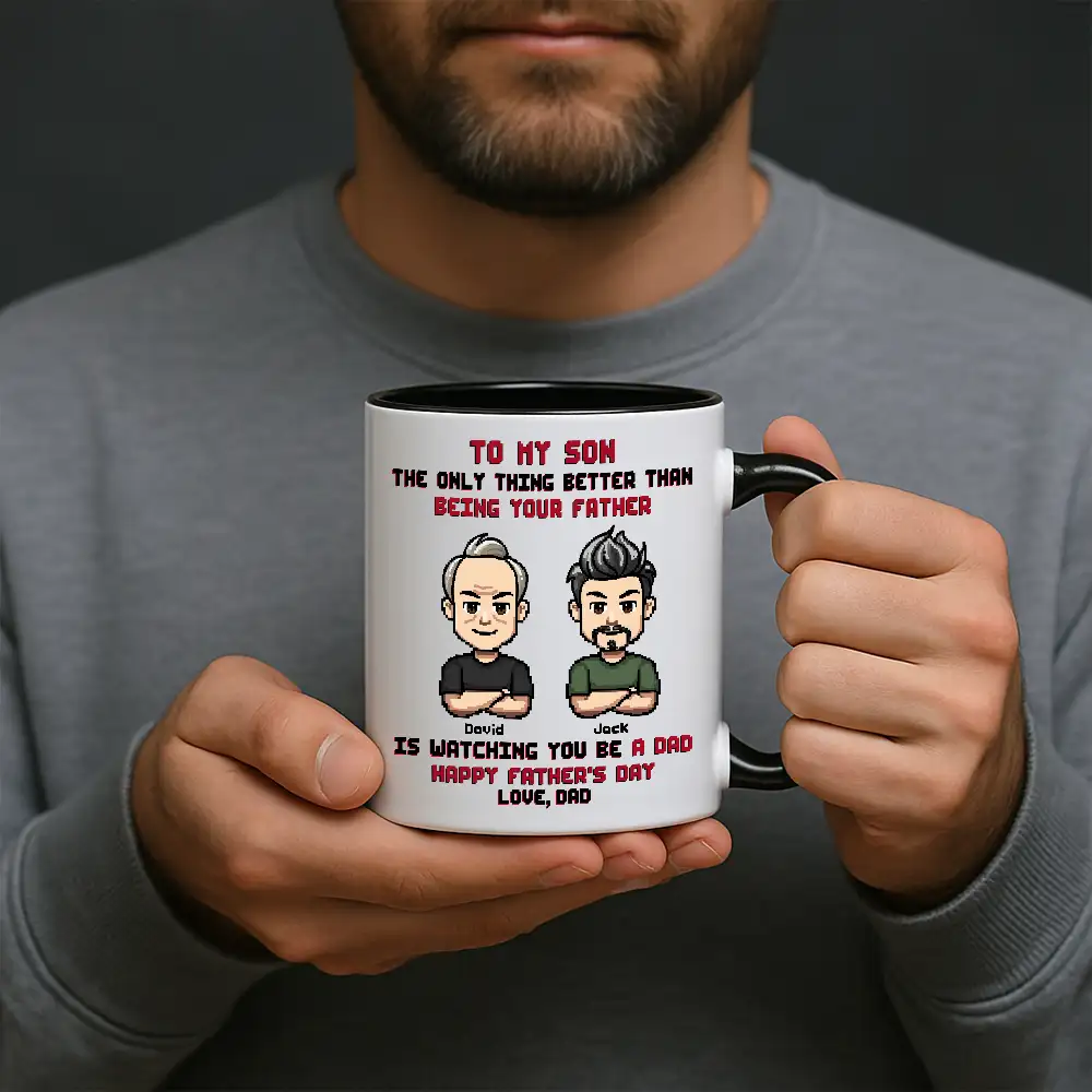 To My Son Pixel Style Mug – Watching You Be a Dad – Heartfelt White Ceramic Mug - Image 3