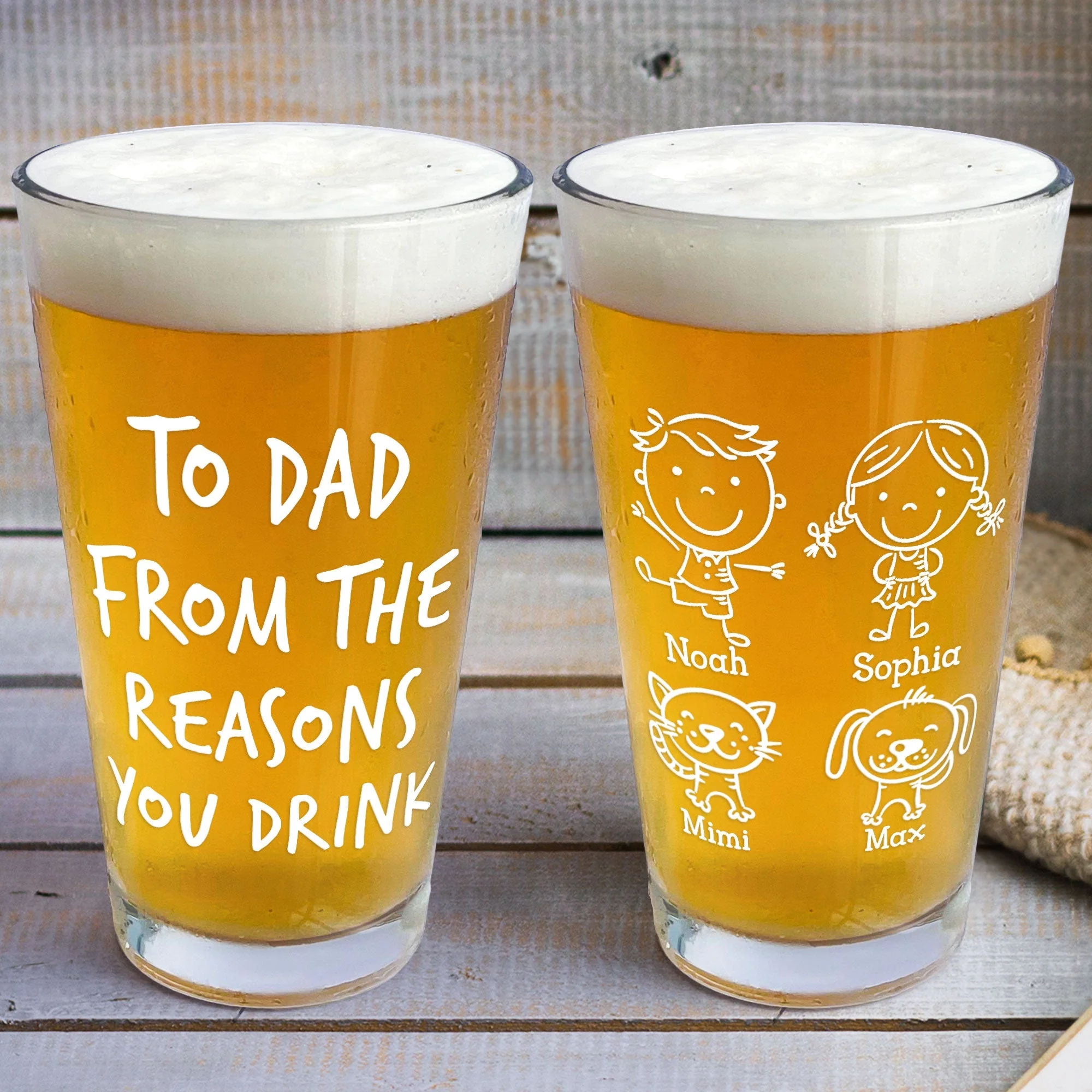 “To Dad” Personalized Beer Glass – Custom “From the Reasons You Drink” Heartwarming Father’s Day Gift with Cartoon Illustration - Image 5