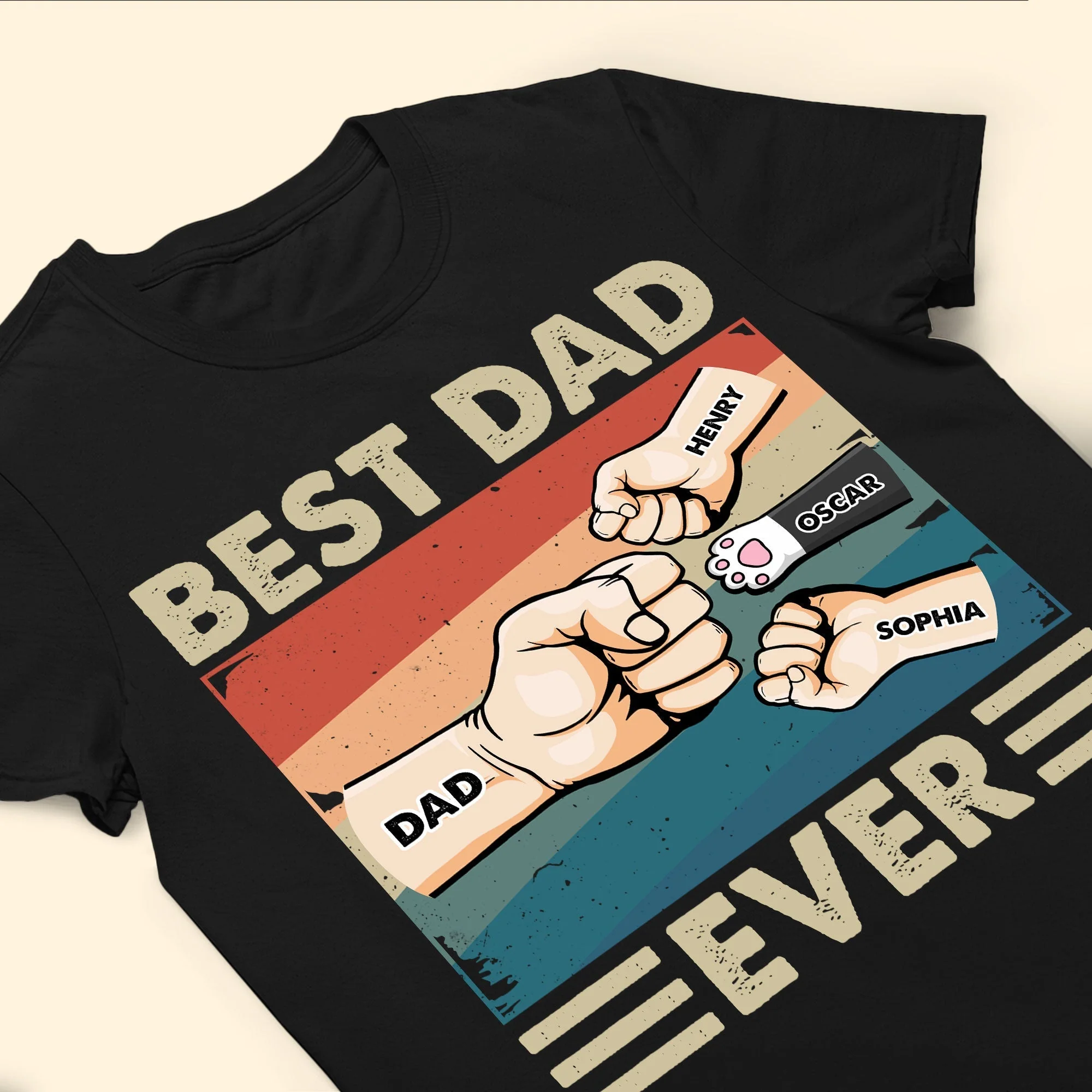“Best Dad Ever” Retro Fist-Bump Classic Tee – Personalized Kids & Pet Names, Father’s Day Gift - Image 2