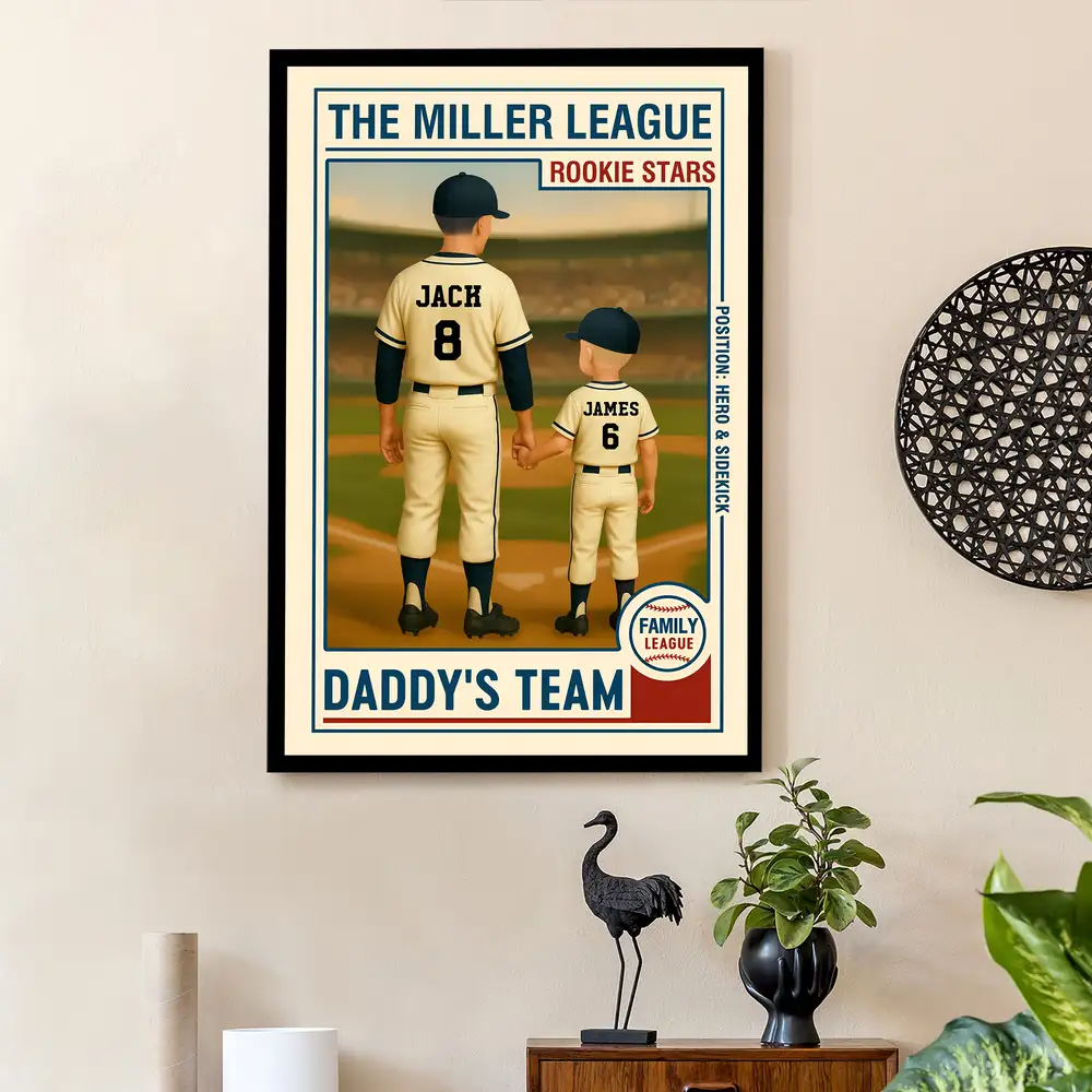 “Daddy’s Team” Custom Baseball-Themed Poster with Frame – Personalized Father's Day Gift for Dad