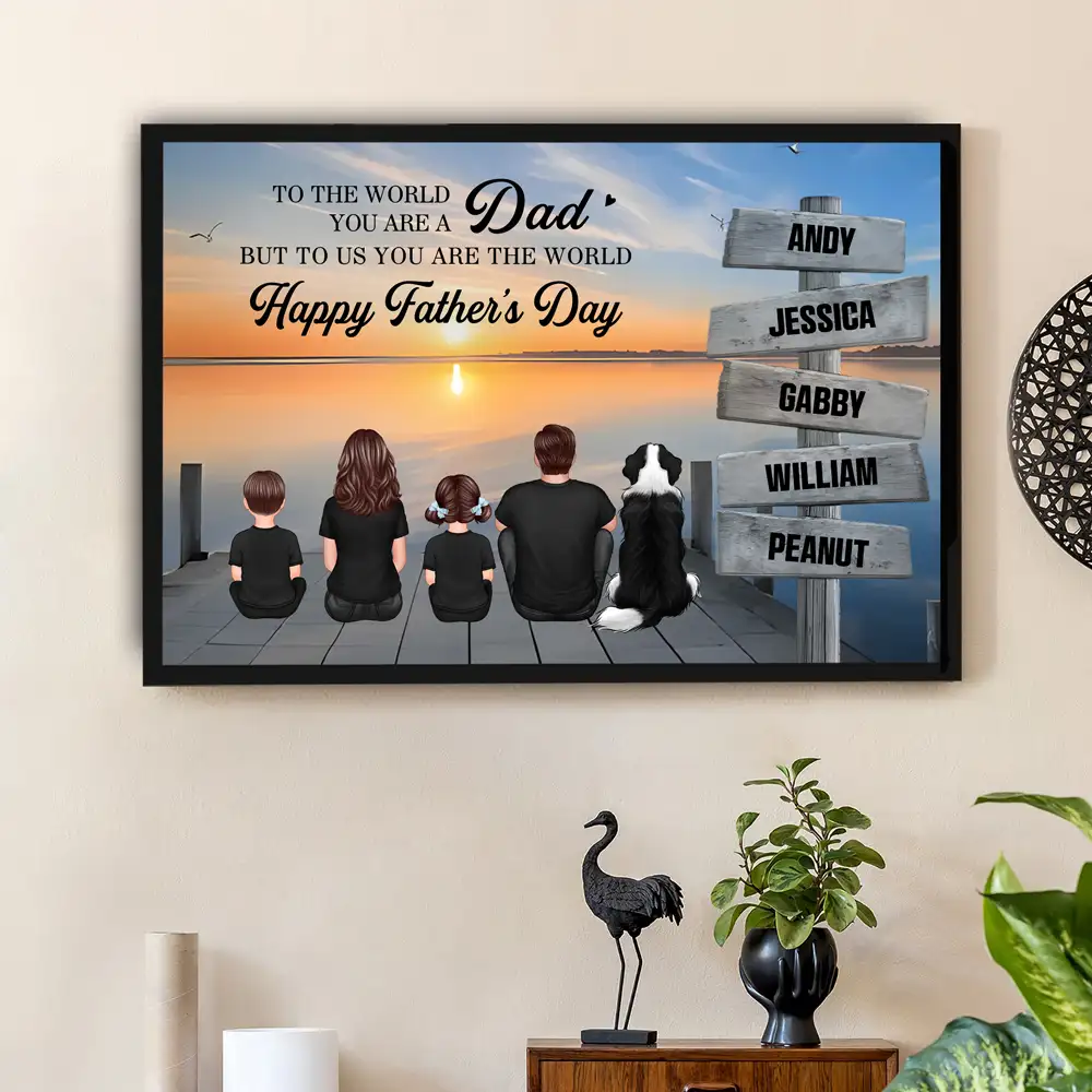 Custom Back‑View Family Canvas – Dad Is Our World Quote, Signpost with Names, Heartfelt Gift for Husband or Son