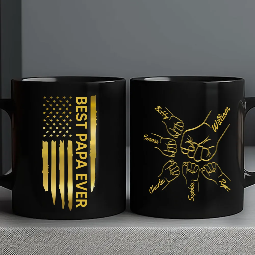 Custom Black Full Color Mug – Grandfather Father’s Day Gift with Kids' Names and American Flag - Image 5