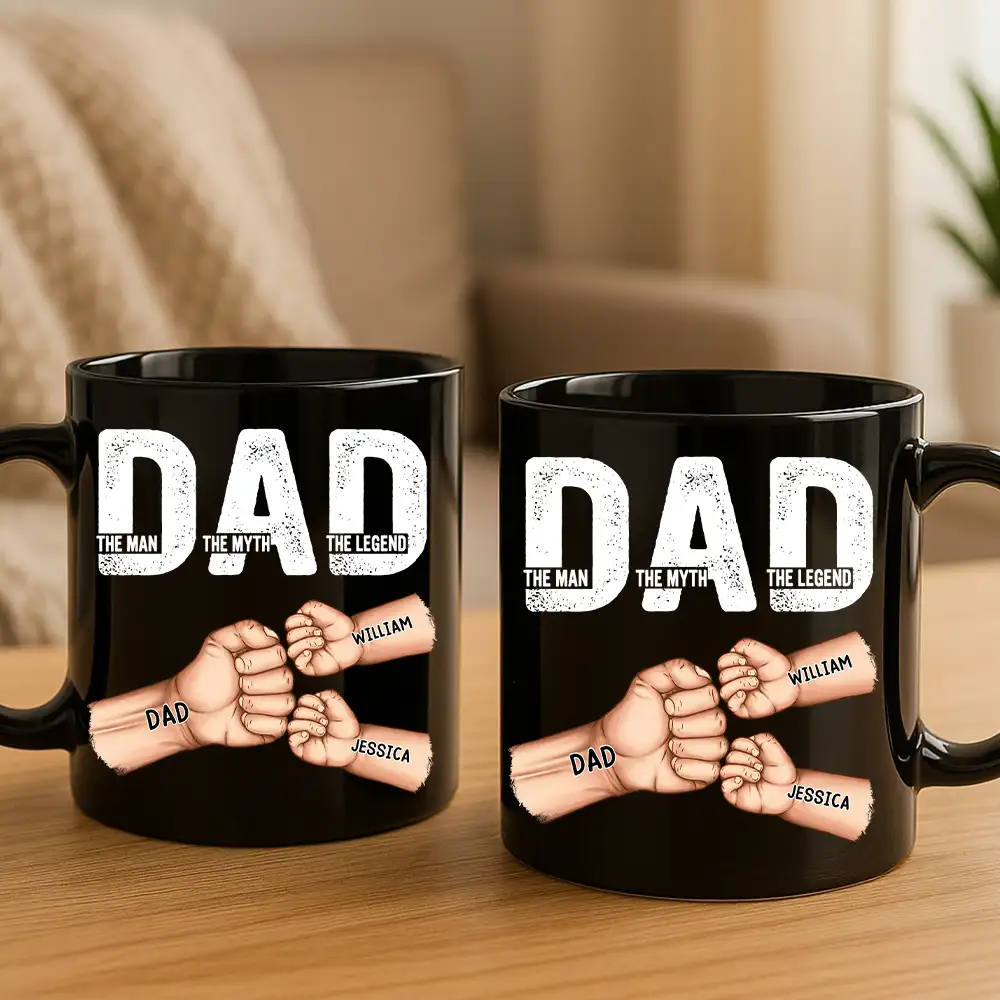 Personalized Legend Dad Mug – Full-Color Black Cup with Kid Fists, Unique Gift for Father