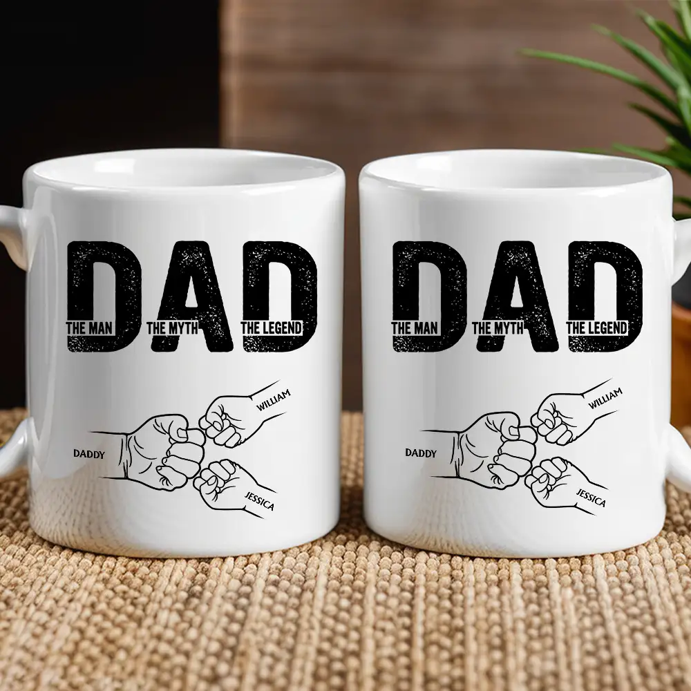 “DAD – The Man The Myth The Legend” Fist-Bump Mug – Custom Kids’ Names, Father’s Day Gift