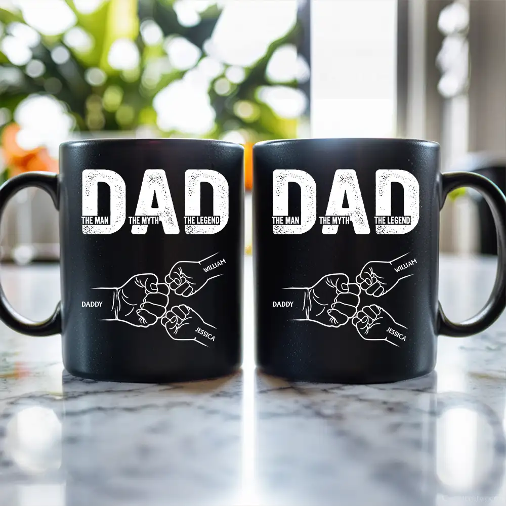 “DAD – The Man The Myth The Legend” Fist-Bump Mug – Custom Kids’ Names, Father’s Day Gift - Image 2