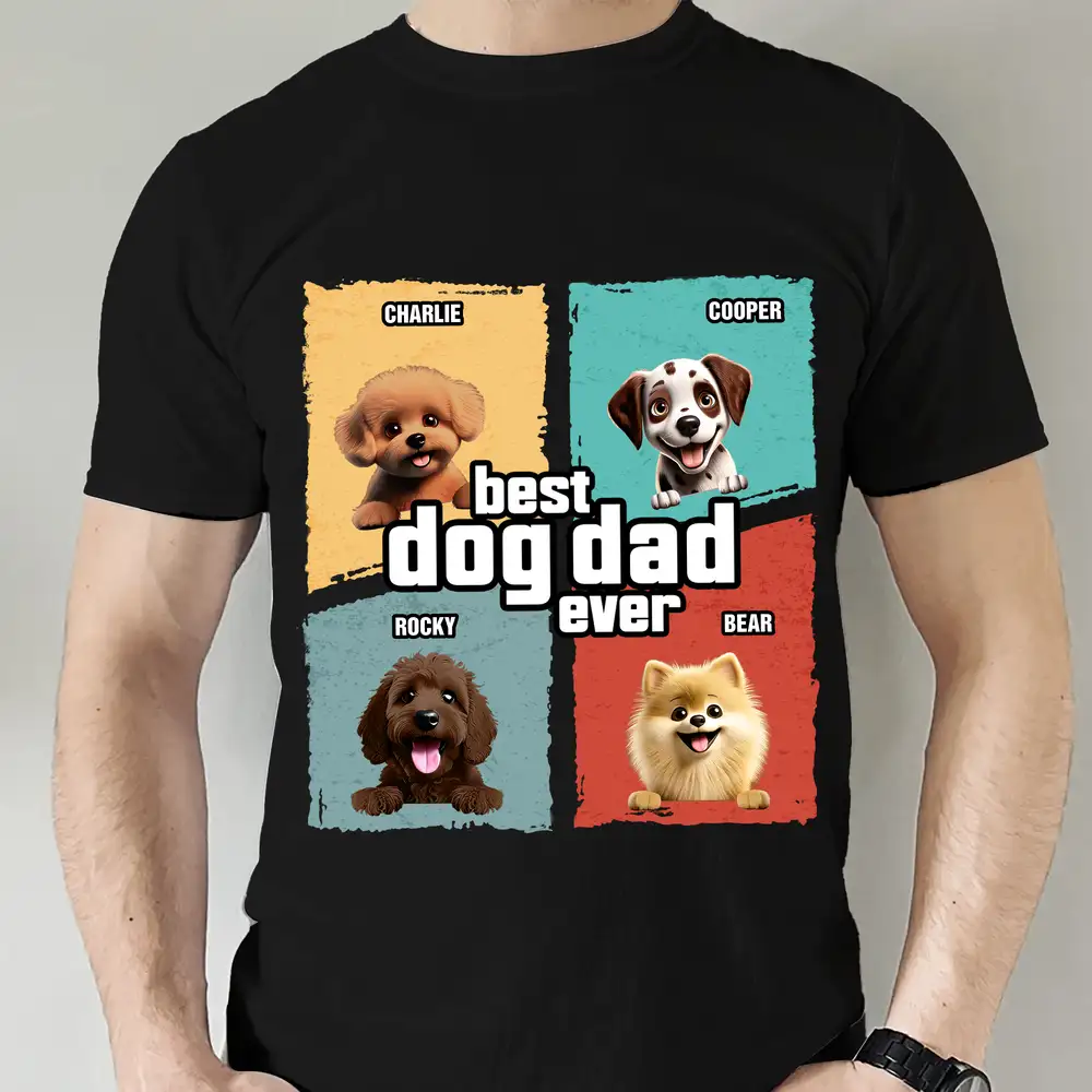 Personalized Dog Dad Shirt – Custom Pet Names with Cartoon Dogs, Perfect Gift for Pet-Loving Dads