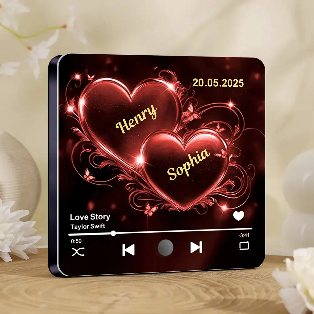 Romantic Acrylic Music Magnet – Couple’s Names in Golden Hearts with Favorite Song Display - Image 2
