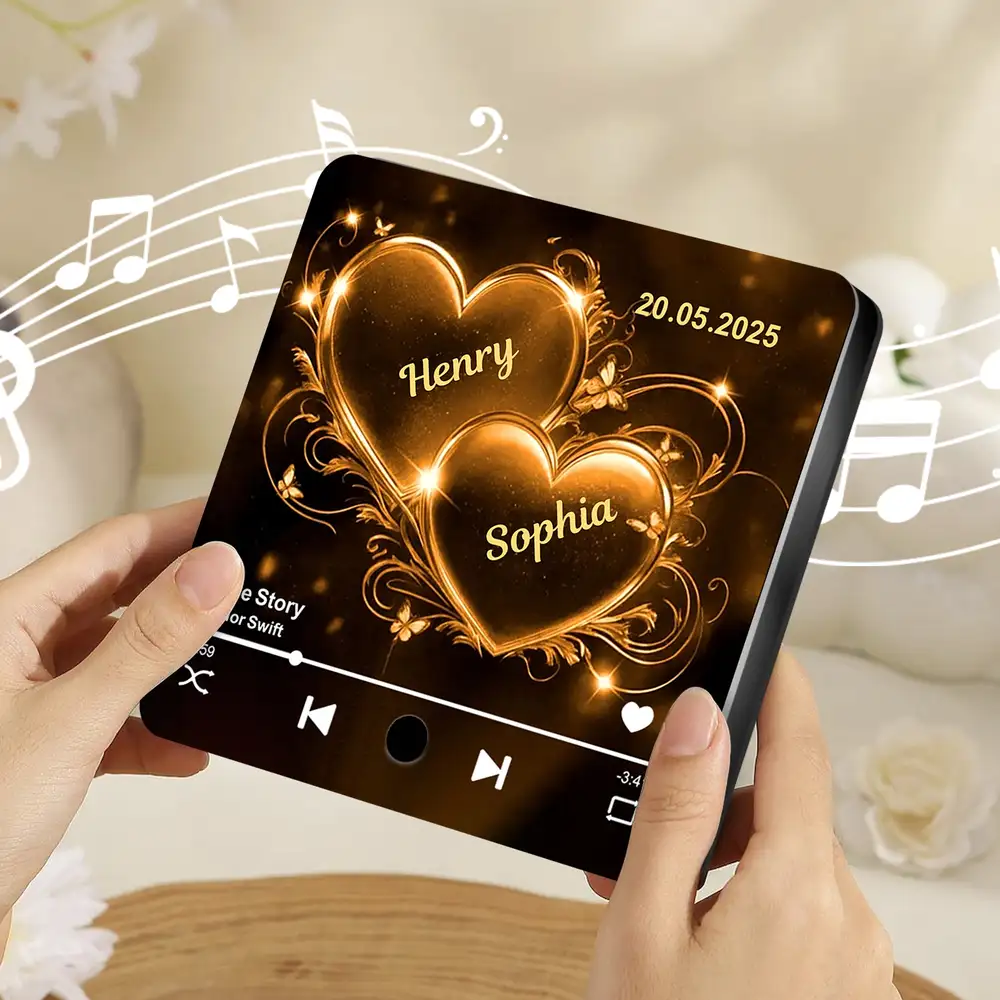 Romantic Acrylic Music Magnet – Couple’s Names in Golden Hearts with Favorite Song Display - Image 3