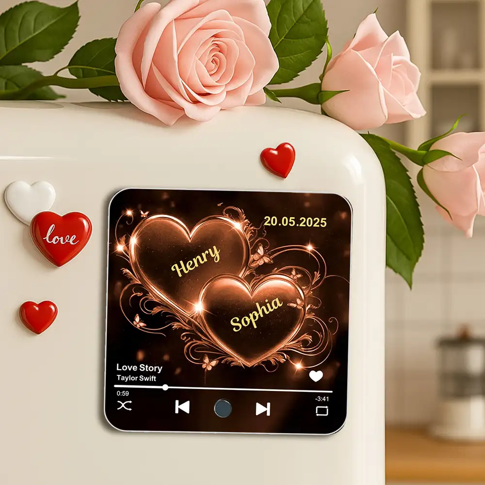 Romantic Acrylic Music Magnet – Couple’s Names in Golden Hearts with Favorite Song Display - Image 4