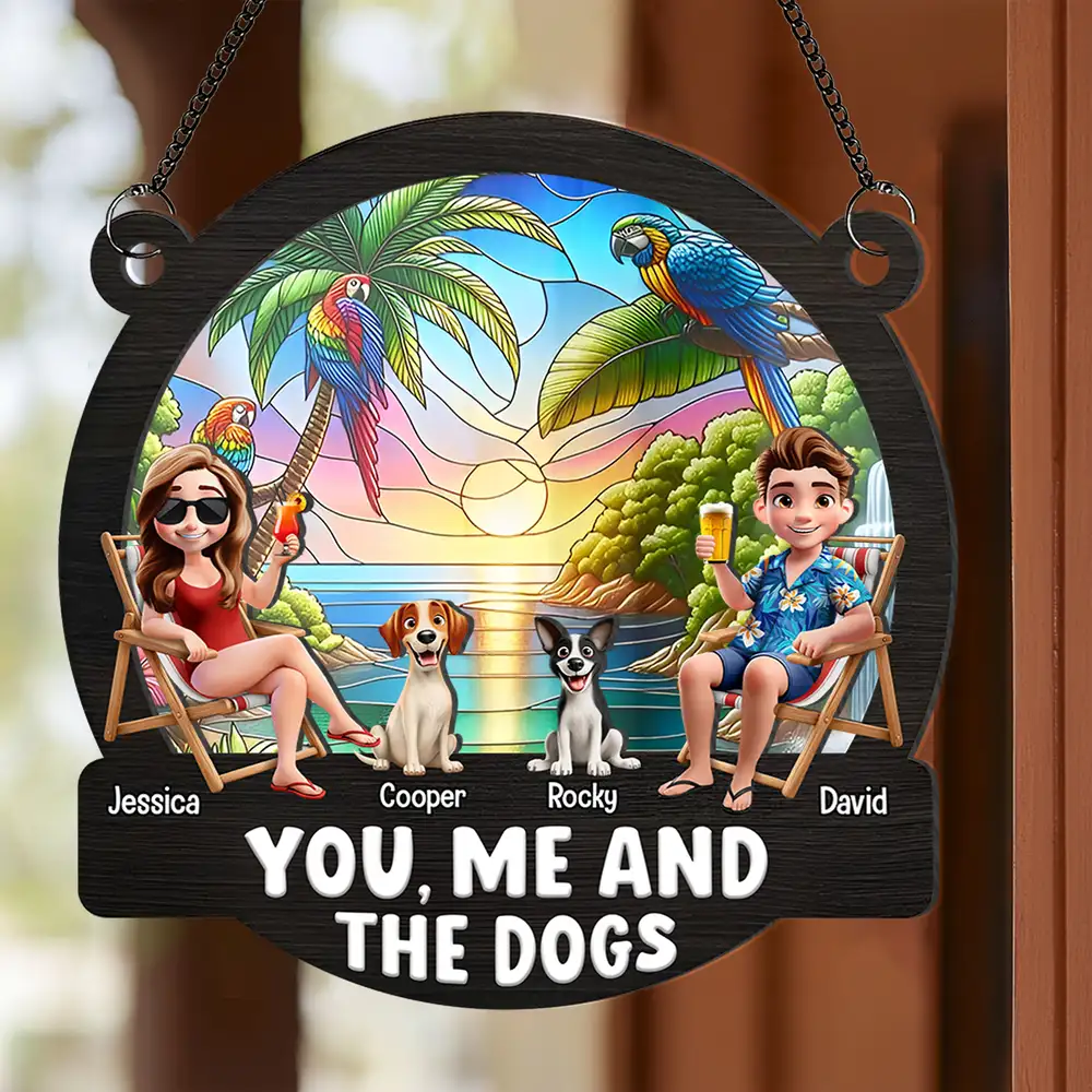 "You, Me and The Dogs" Personalized Ornament – Tropical Sunset Wood & Acrylic Layered Couple Gift