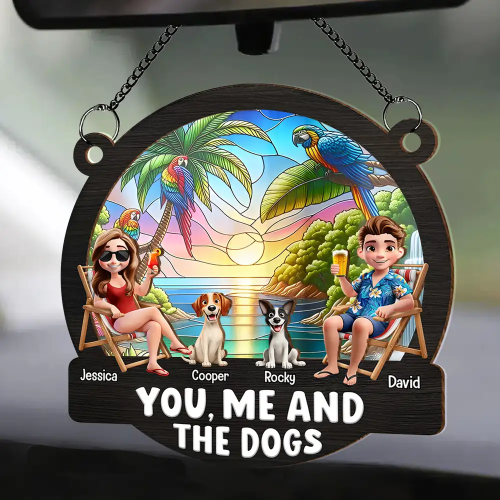 "You, Me and The Dogs" Personalized Ornament – Tropical Sunset Wood & Acrylic Layered Couple Gift - Image 2