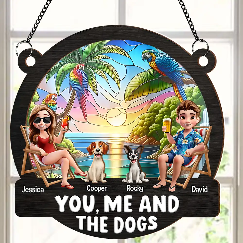 "You, Me and The Dogs" Personalized Ornament – Tropical Sunset Wood & Acrylic Layered Couple Gift - Image 3