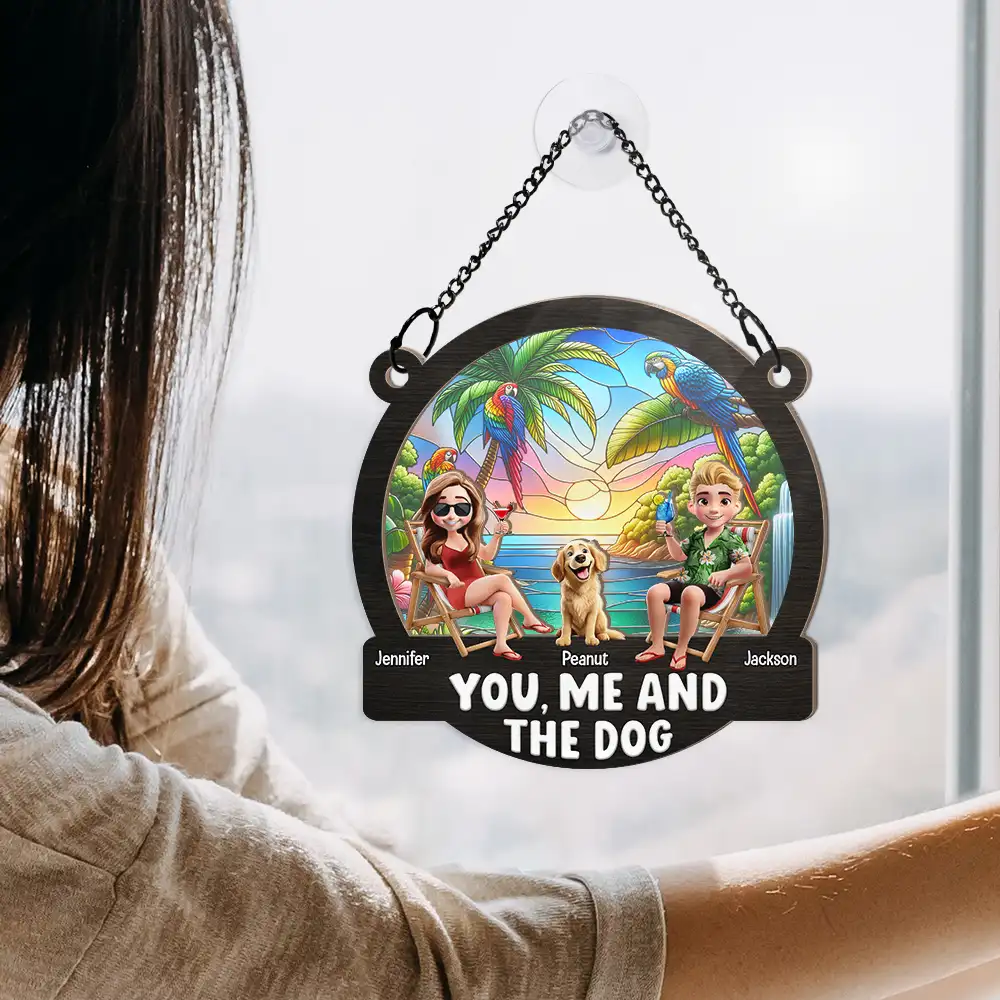 "You, Me and The Dogs" Personalized Ornament – Tropical Sunset Wood & Acrylic Layered Couple Gift - Image 6