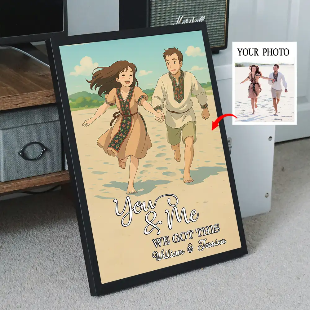 Custom Photo-to-Cartoon Poster – “You & Me, We Got This” Beach Illustration, Upload Photo & Names - Image 2
