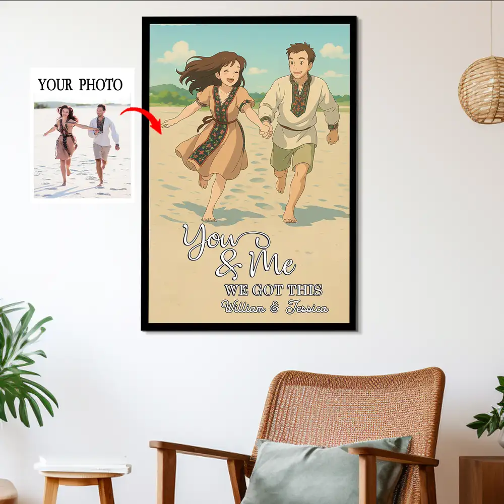 Custom Photo-to-Cartoon Poster – “You & Me, We Got This” Beach Illustration, Upload Photo & Names - Image 3
