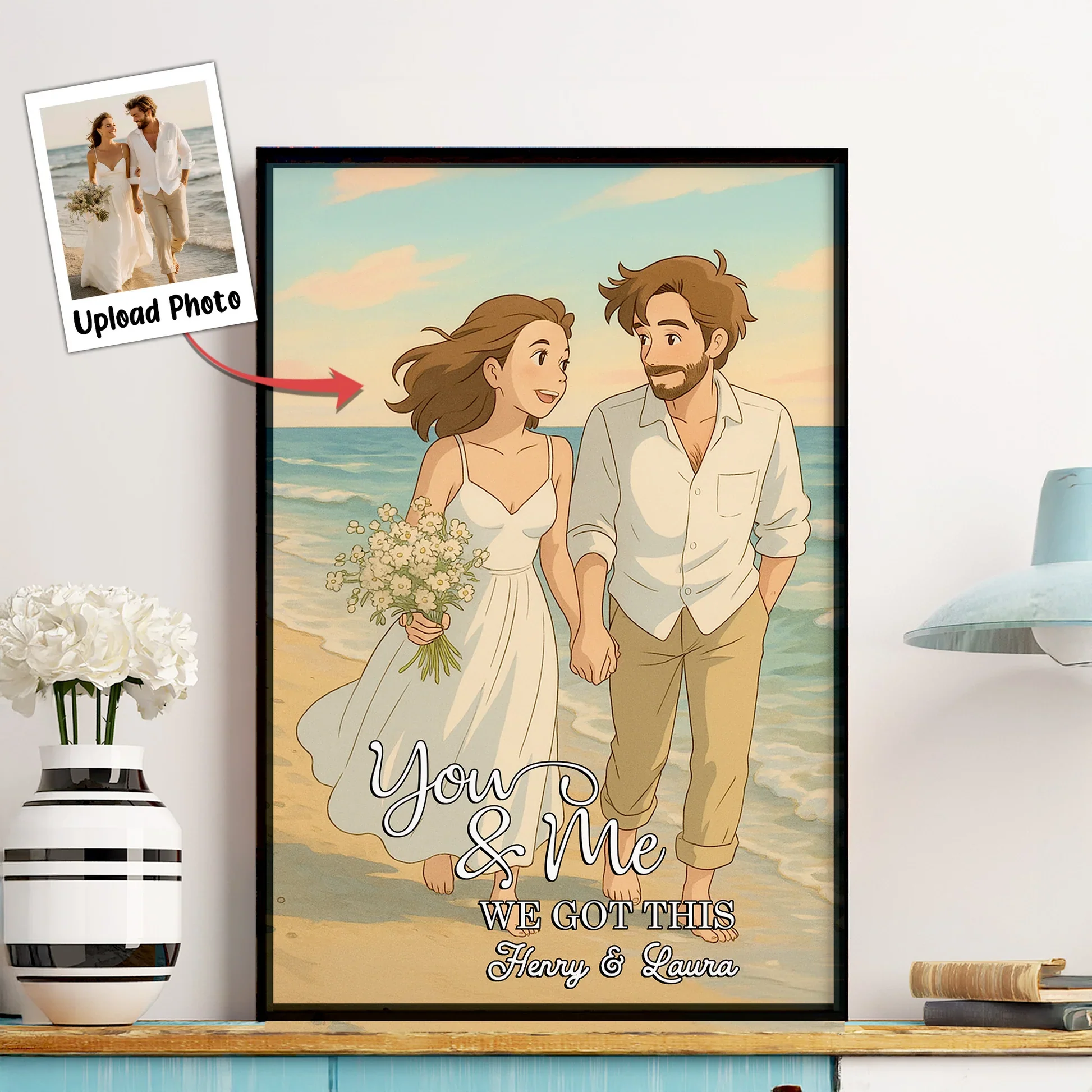 Custom Photo-to-Cartoon Poster – “You & Me, We Got This” Beach Illustration, Upload Photo & Names - Image 4