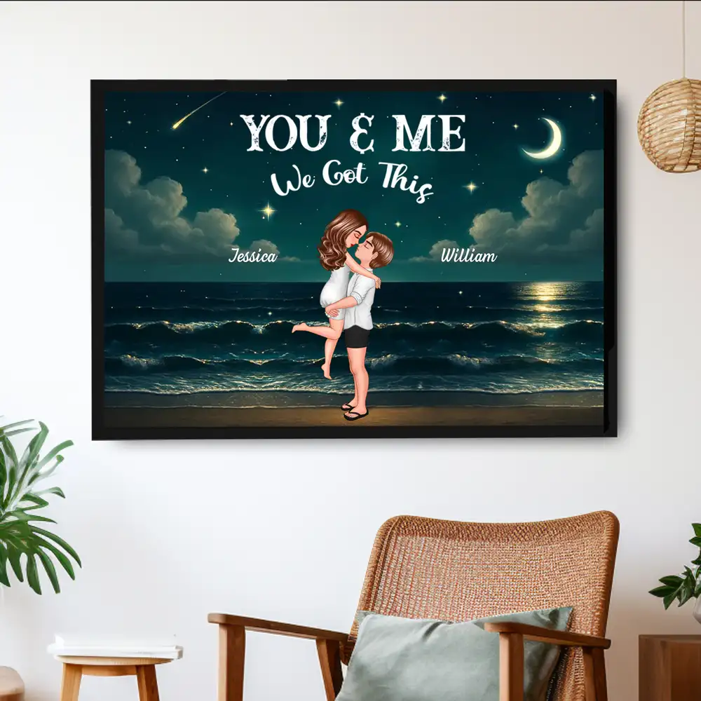 Personalized Night-Sky Canvas – “You & Me” Quote, Cartoon Hug on Waves, Anniversary Gift - Image 2