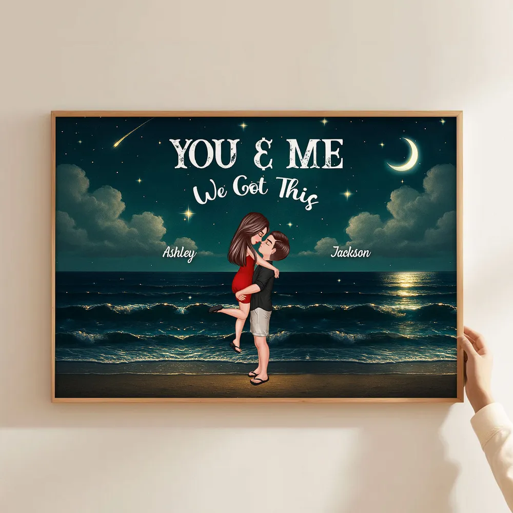 Personalized Night-Sky Canvas – “You & Me” Quote, Cartoon Hug on Waves, Anniversary Gift - Image 6