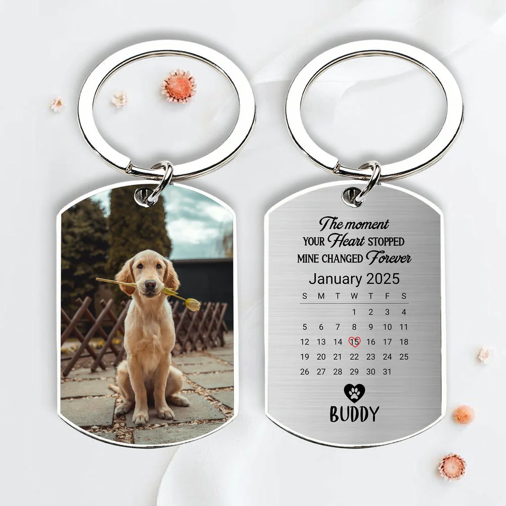 Pet Memorial Metal Keychain – “The Moment Your Heart Stopped, Mine Changed Forever” with Calendar & Photo