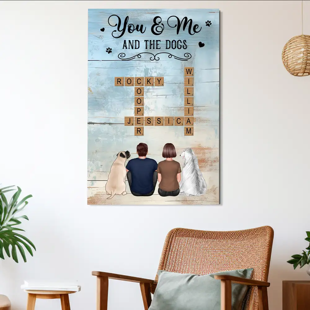 "You, Me and the Dogs" Crossword Personalized Poster – Custom Couple and Pets Gift with Names