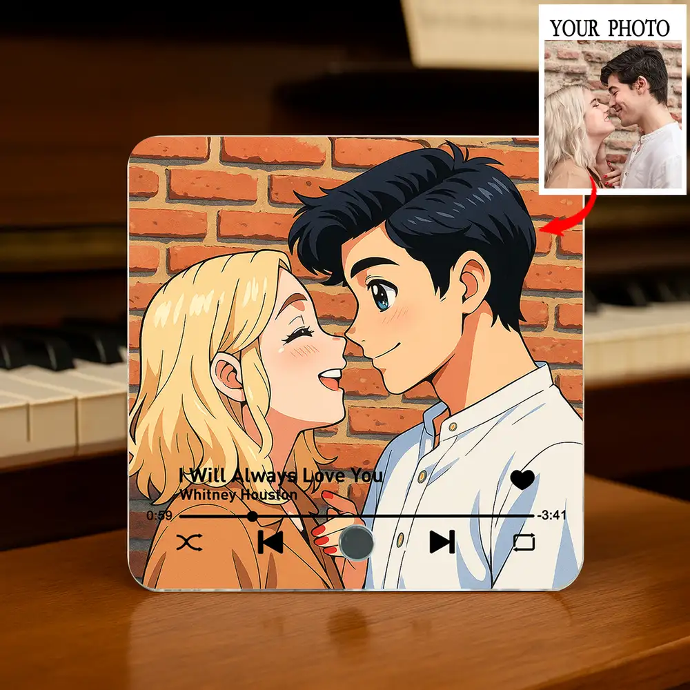 "Anime-Style Couple Acrylic Music Magnet – Custom Photo & Song"