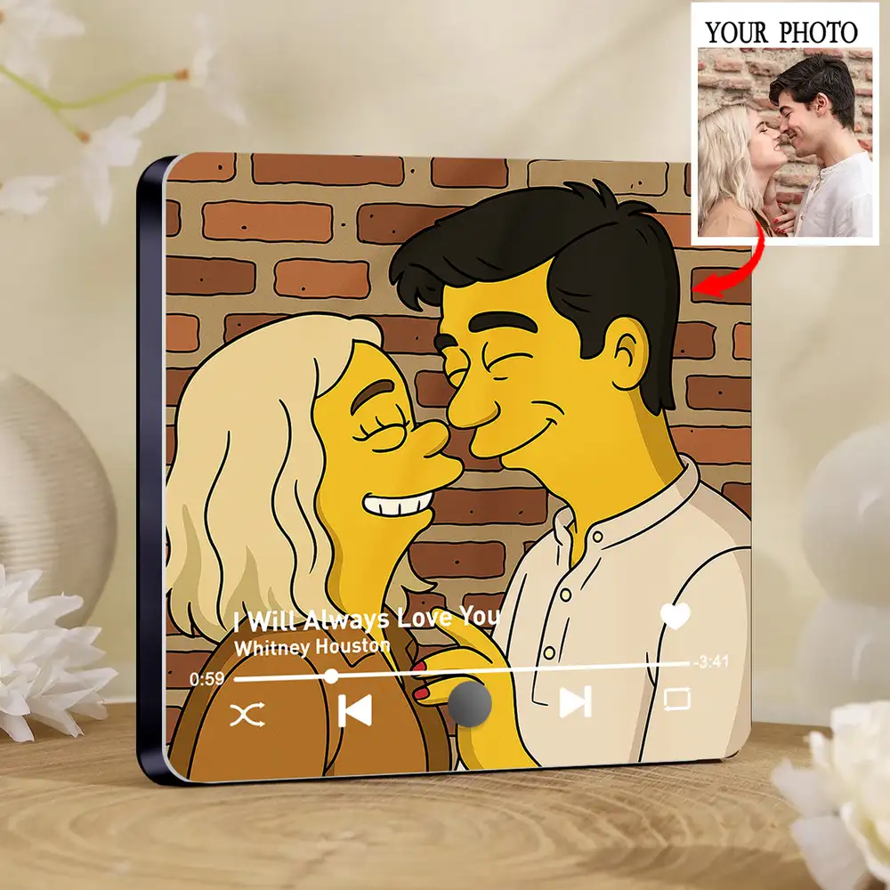 "Simpsons-Style Couple Acrylic Music Magnet – Custom Photo & Song"