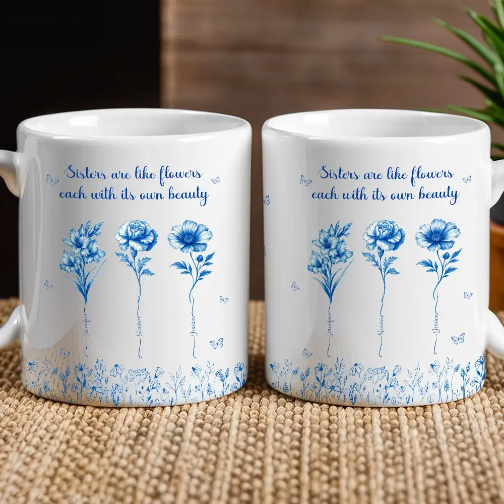 Sisterhood Mug with Names and Flowers – Personalized Floral Gift for Sister or Best Friend