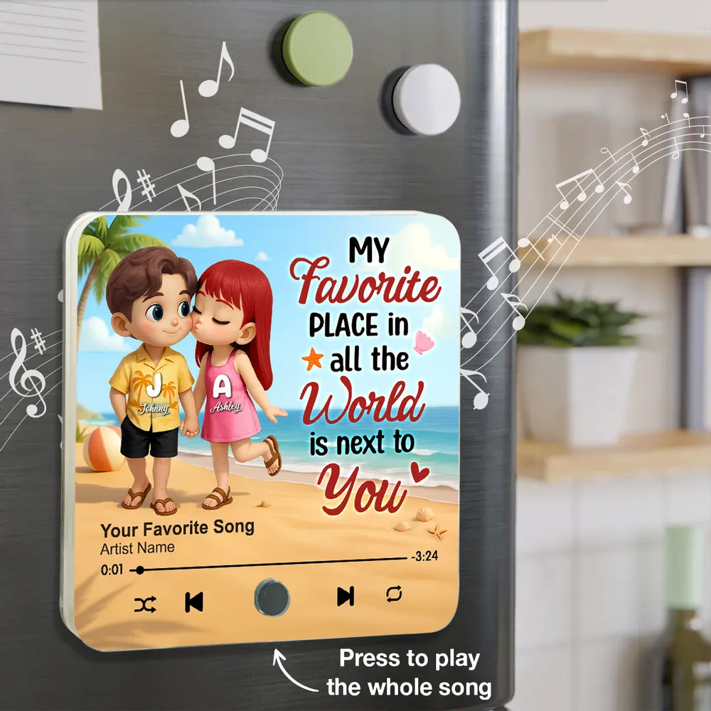 "My Favorite Place In All The World Is Next To You" – Personalized Couple Music Fridge Magnet with Beach Illustration