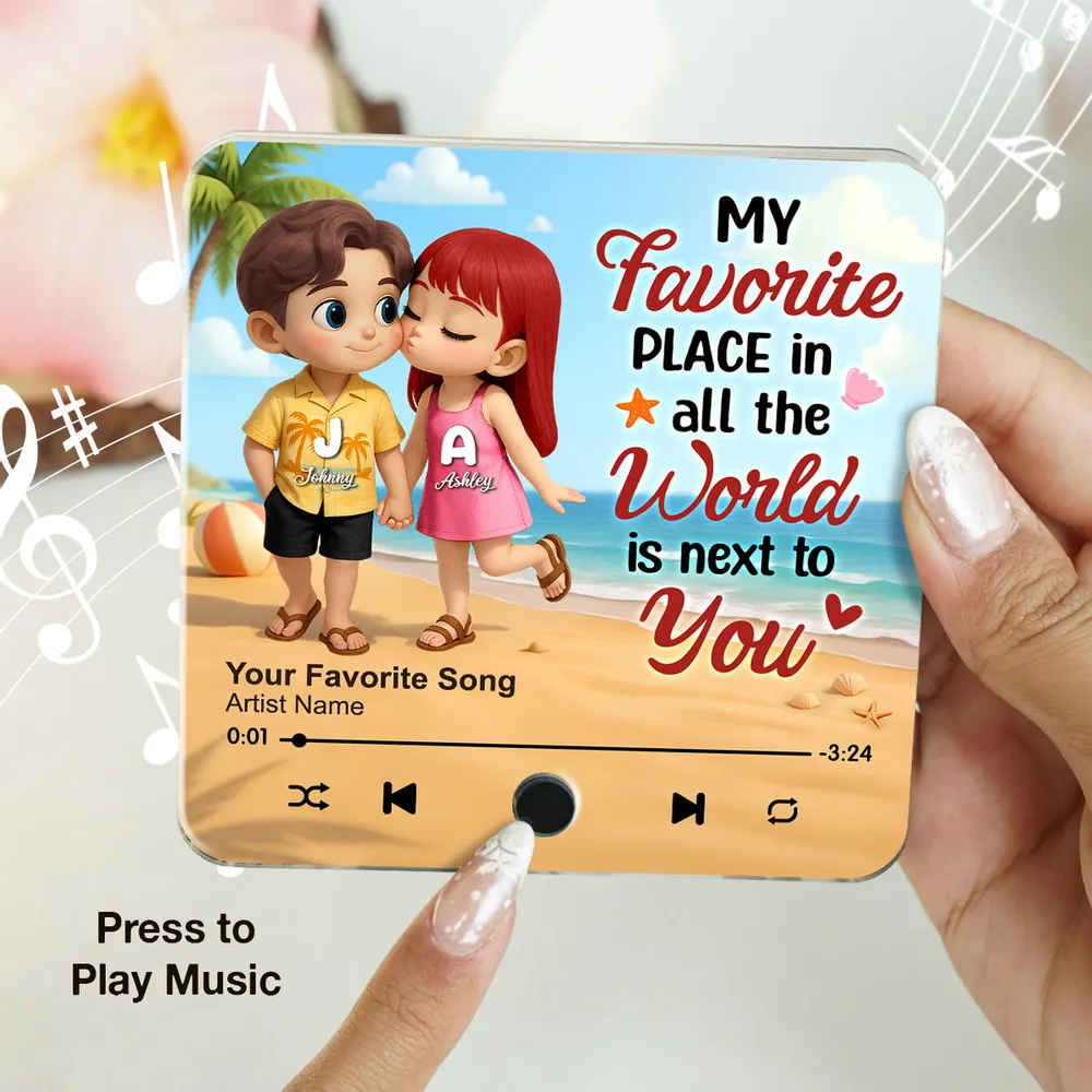 "My Favorite Place In All The World Is Next To You" – Personalized Couple Music Fridge Magnet with Beach Illustration - Image 3