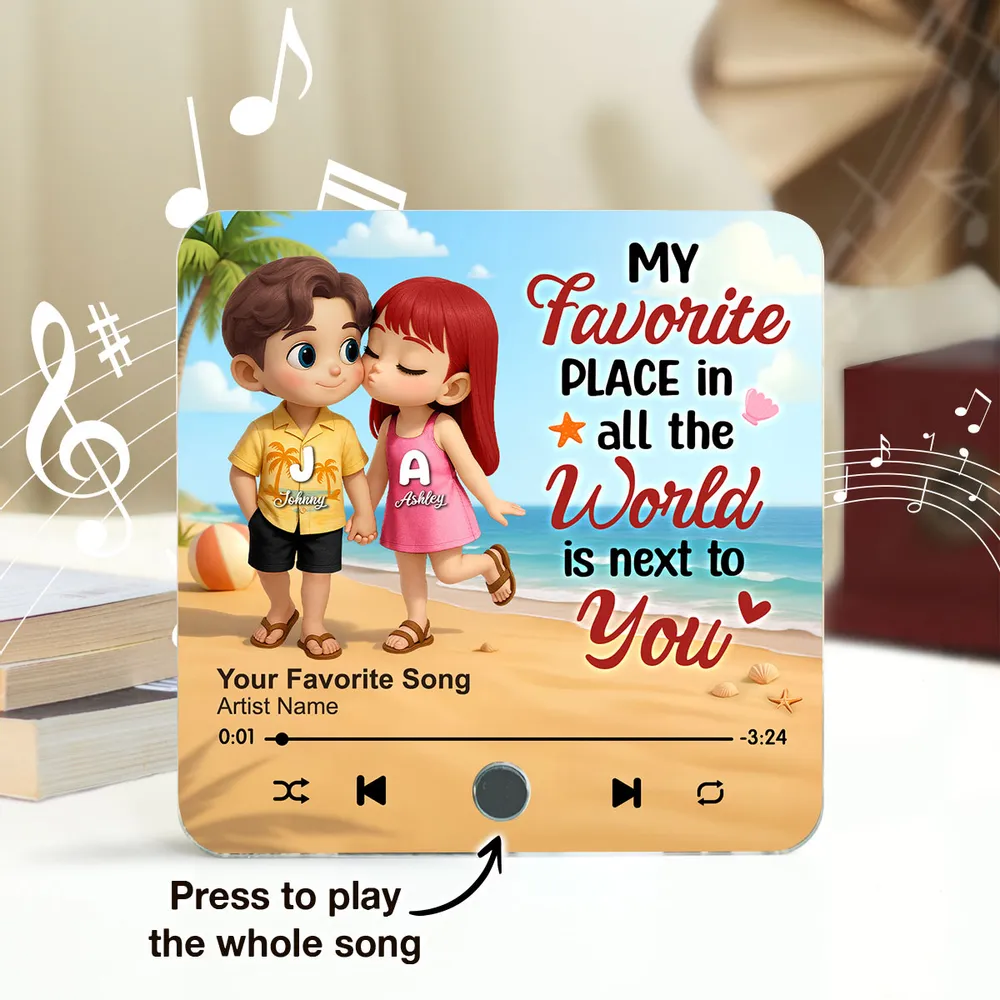 "My Favorite Place In All The World Is Next To You" – Personalized Couple Music Fridge Magnet with Beach Illustration - Image 5