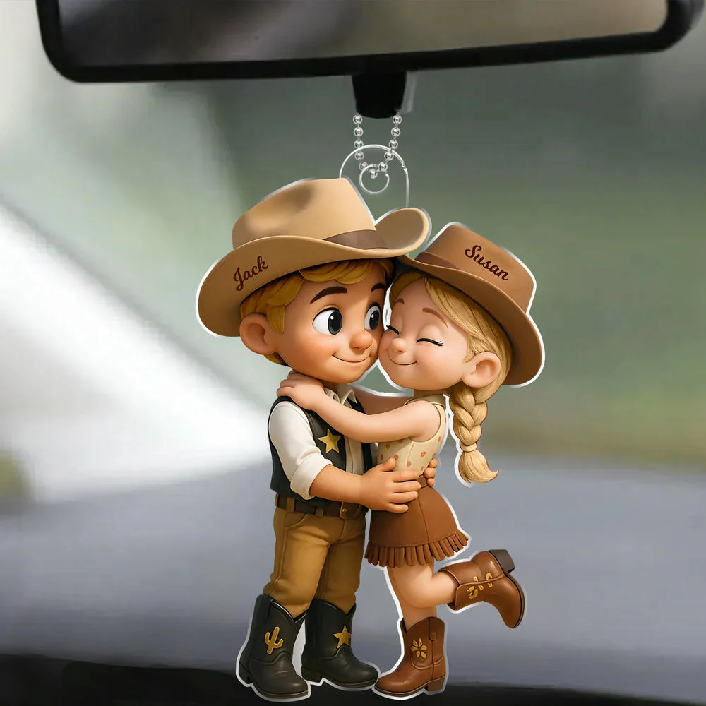 Cowboy & Cowgirl Personalized Acrylic Car Hanger – Cute Couple Gift for Rearview Mirror Decoration - Image 2