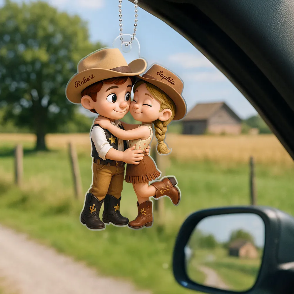 Cowboy & Cowgirl Personalized Acrylic Car Hanger – Cute Couple Gift for Rearview Mirror Decoration - Image 3