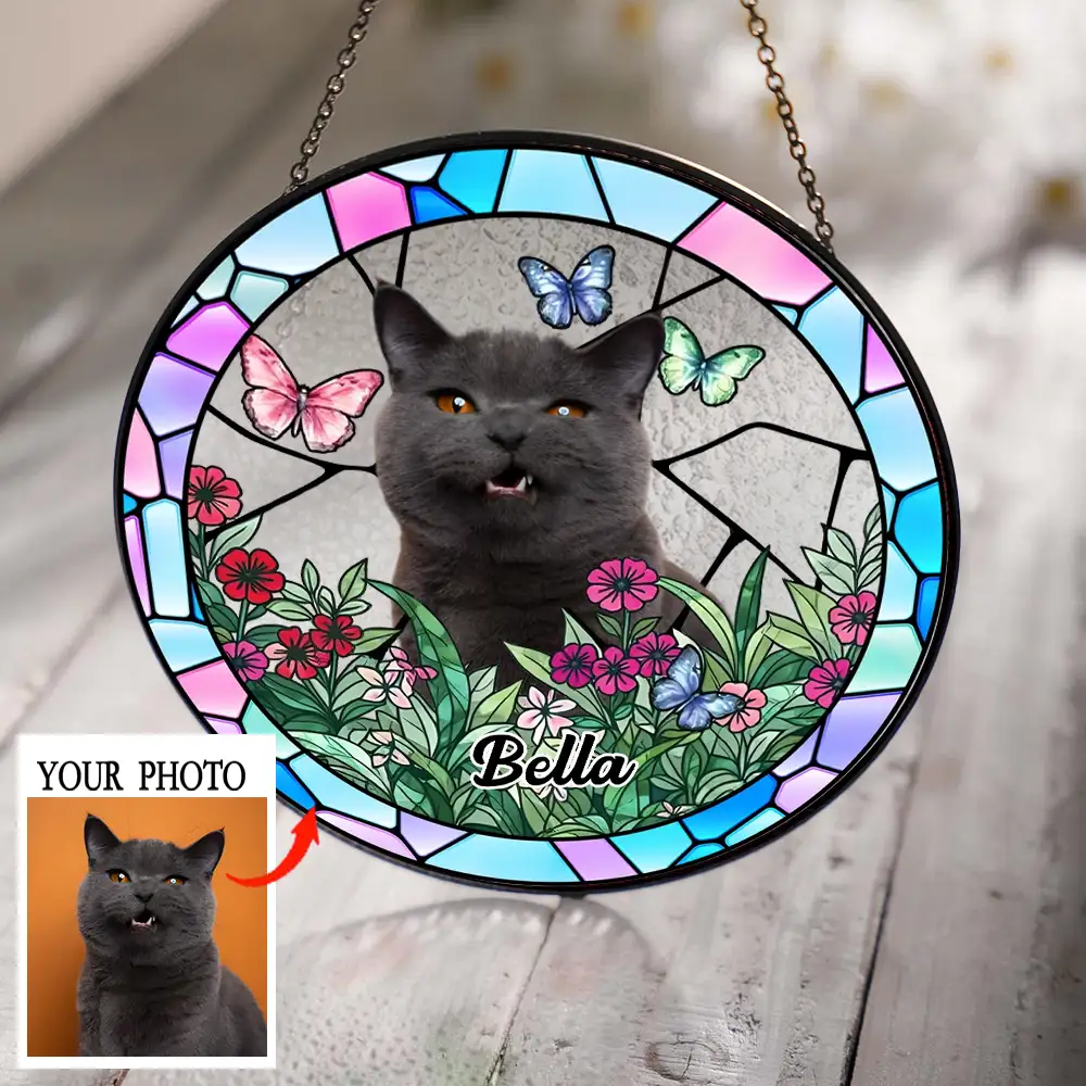 Custom Pet Suncatcher Ornament – Personalized Dog Photo Gift with Floral and Stained Glass Design - Image 2
