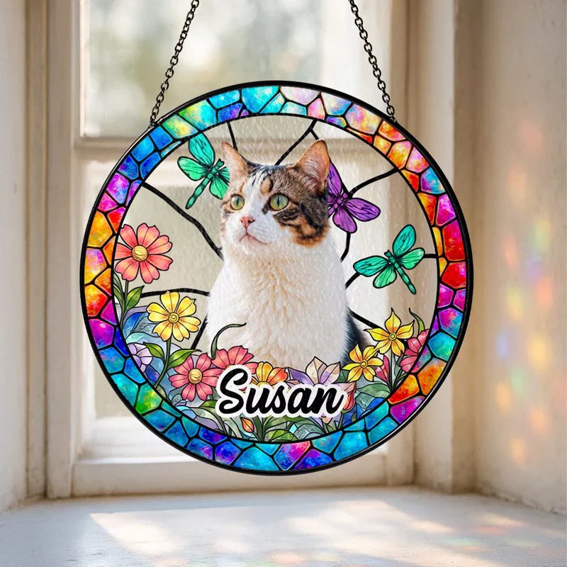 Custom Pet Suncatcher Ornament – Personalized Dog Photo Gift with Floral and Stained Glass Design - Image 3