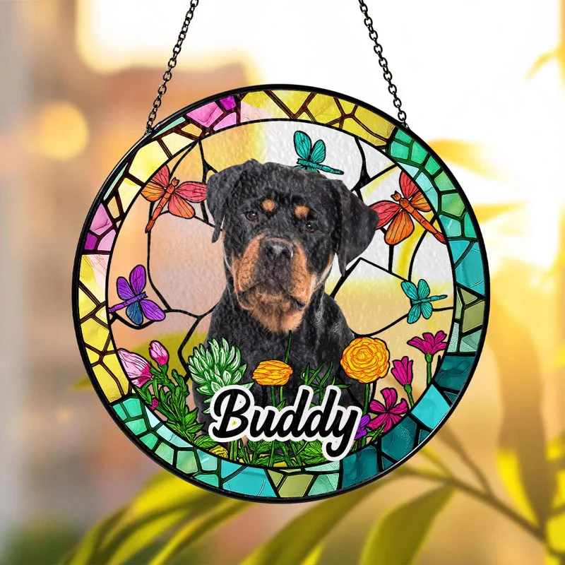 Custom Pet Suncatcher Ornament – Personalized Dog Photo Gift with Floral and Stained Glass Design - Image 6