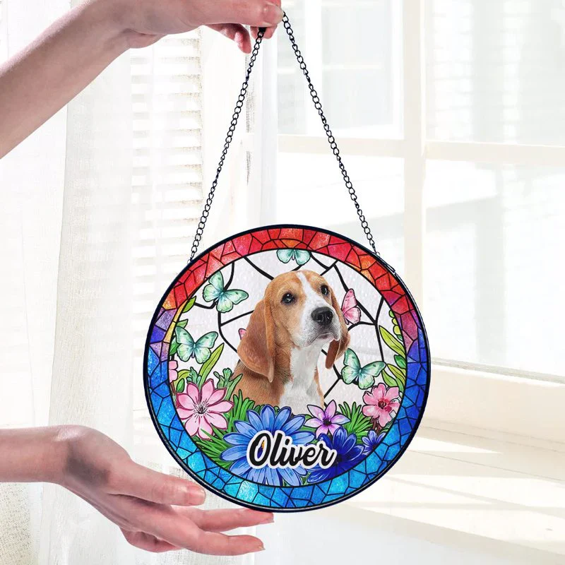 Custom Pet Suncatcher Ornament – Personalized Dog Photo Gift with Floral and Stained Glass Design - Image 7