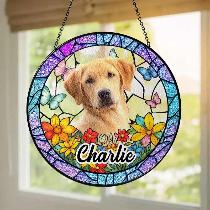 Custom Pet Suncatcher Ornament – Personalized Dog Photo Gift with Floral and Stained Glass Design - Image 8